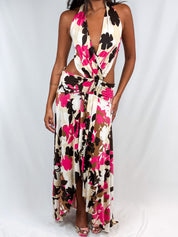 Enzo Loco 2000s Pink & Brown Floral Cutout Halter Maxi Dress - S/M