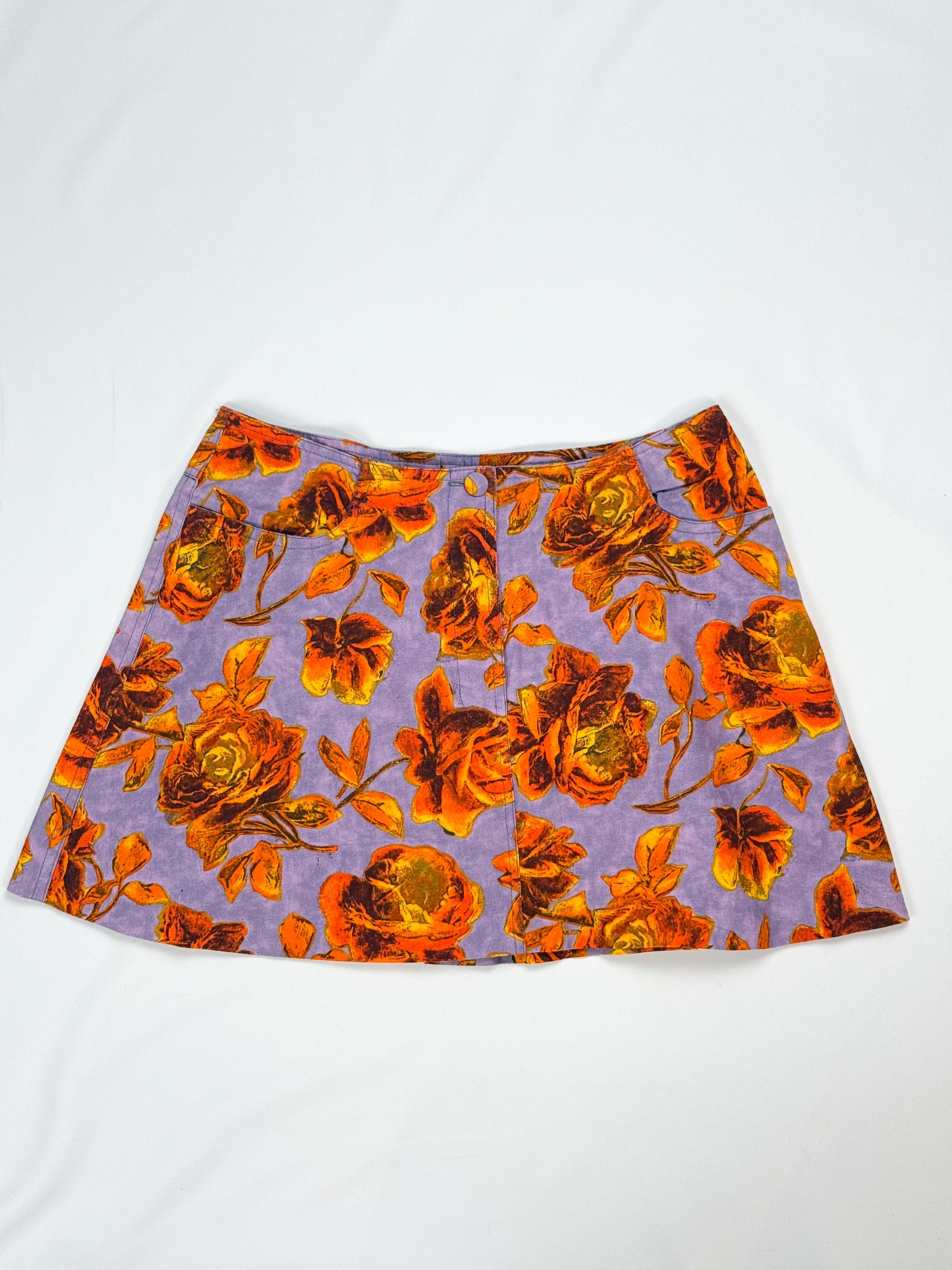 Plein Sud 1990s Lavender Orange Rose Print Cotton Mini Skirt - S