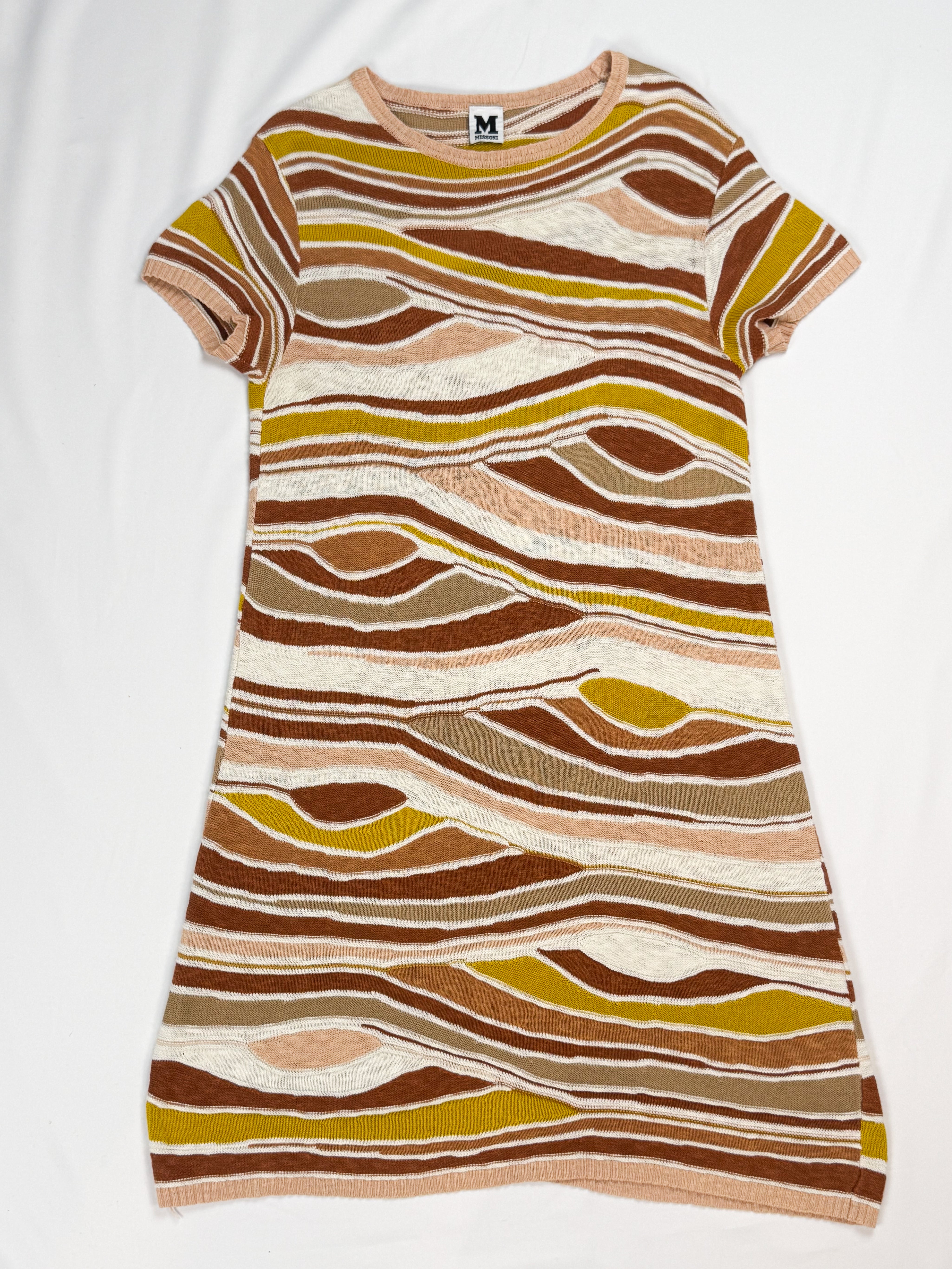 M Missoni 2000s Earth Tone Wavy Stripe Cotton Knit Dress - S/M