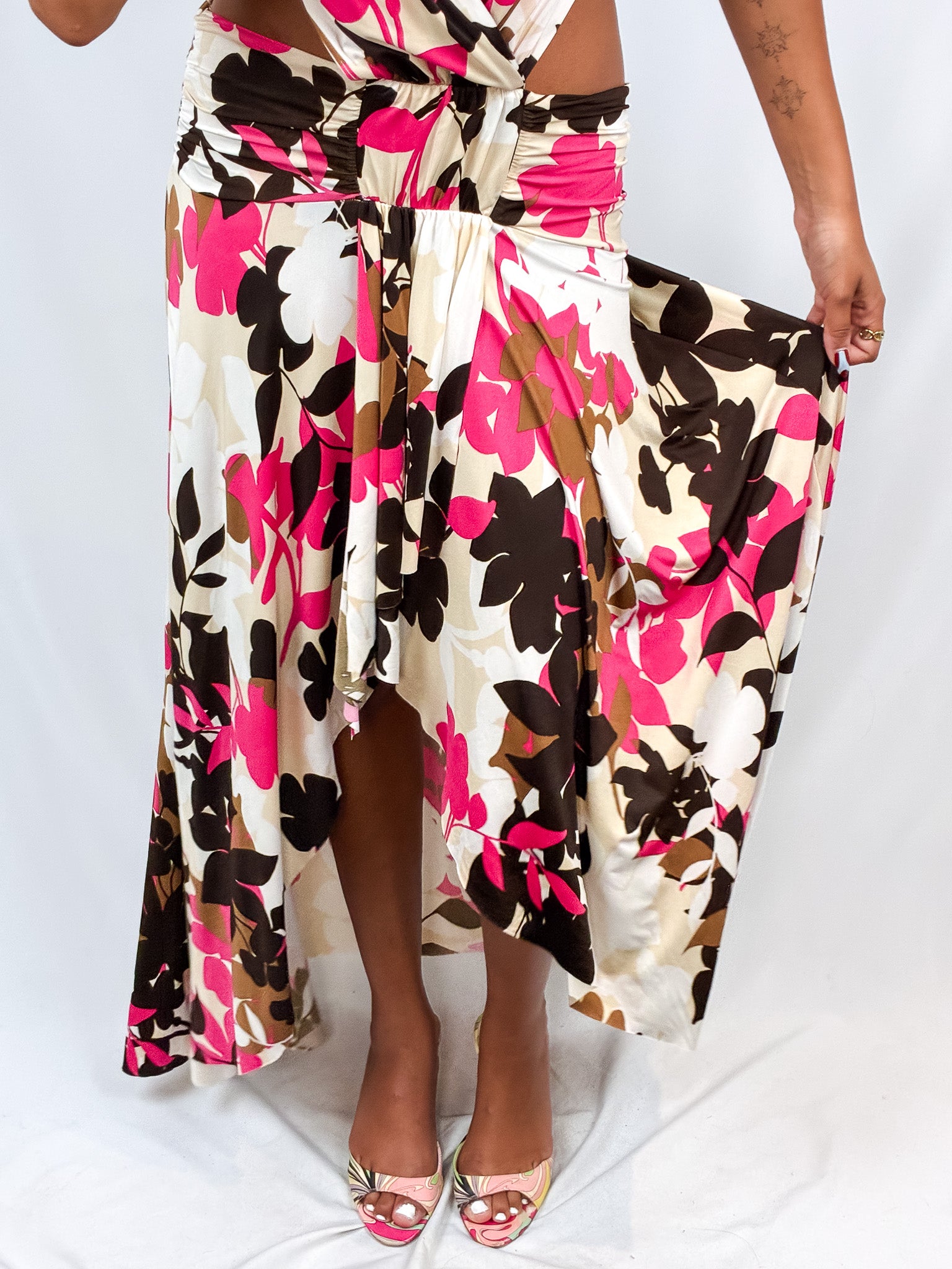 Enzo Loco 2000s Pink & Brown Floral Cutout Halter Maxi Dress - S/M