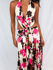 Enzo Loco 2000s Pink & Brown Floral Cutout Halter Maxi Dress - S/M