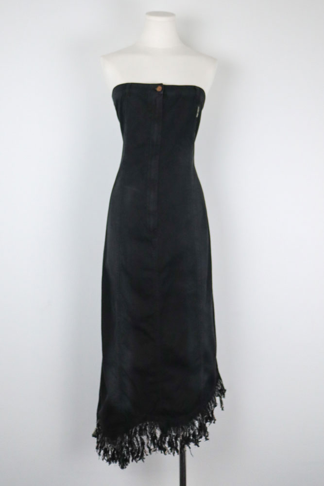 Plein Sud 2000s Black Denim Strapless Fringe Hem Dress – L