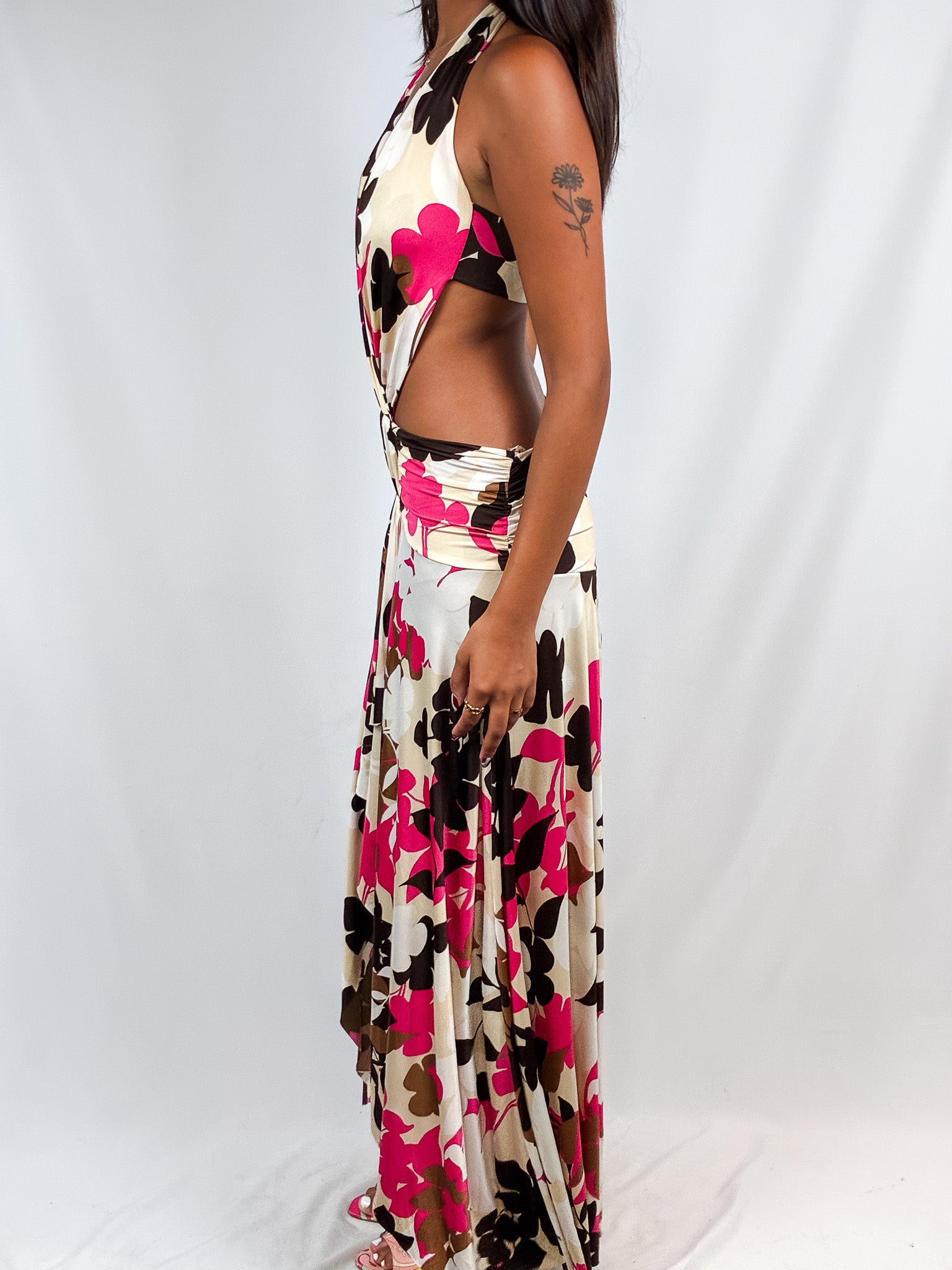 Enzo Loco 2000s Pink & Brown Floral Cutout Halter Maxi Dress - S/M