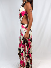 Enzo Loco 2000s Pink & Brown Floral Cutout Halter Maxi Dress - S/M
