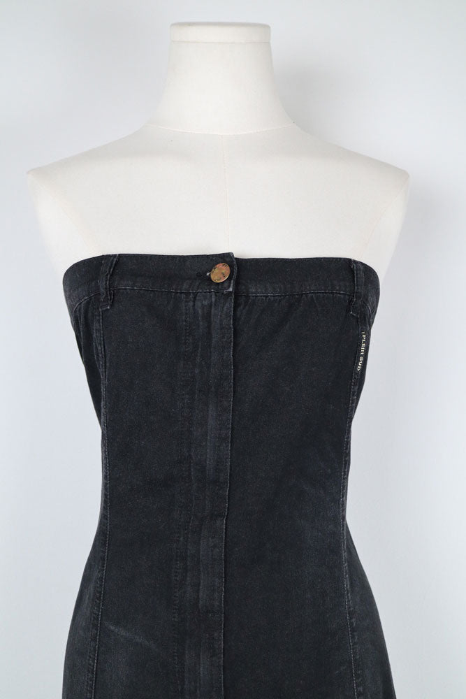 Plein Sud 2000s Black Denim Strapless Fringe Hem Dress – L