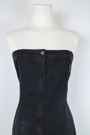 Plein Sud 2000s Black Denim Strapless Fringe Hem Dress – L