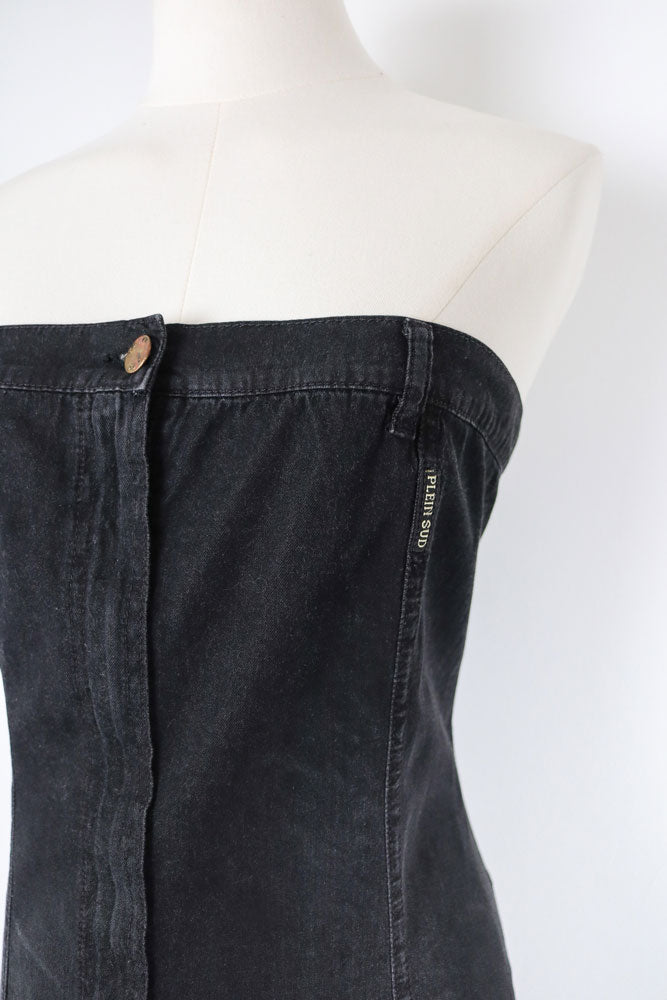 Plein Sud 2000s Black Denim Strapless Fringe Hem Dress – L