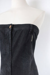 Plein Sud 2000s Black Denim Strapless Fringe Hem Dress – L
