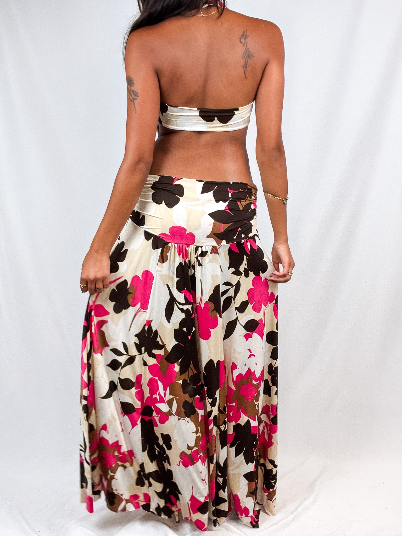 Enzo Loco 2000s Pink & Brown Floral Cutout Halter Maxi Dress - S/M