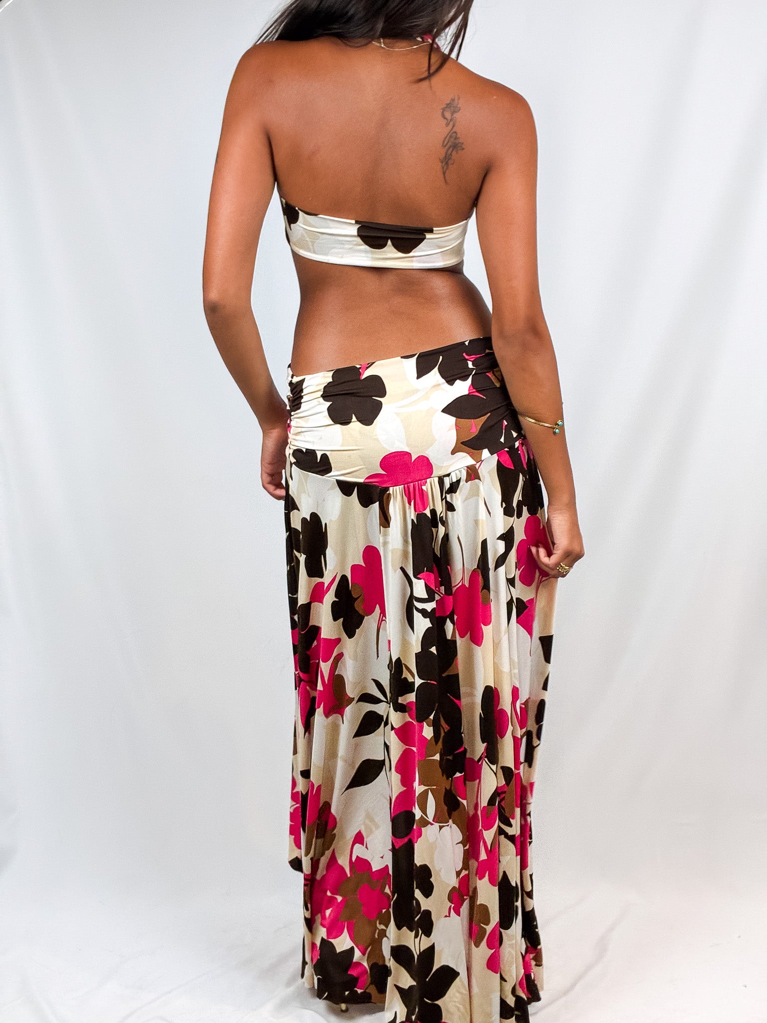 Enzo Loco 2000s Pink & Brown Floral Cutout Halter Maxi Dress - S/M