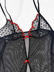 La Perla Occhi Verdi 2000s Black Mesh Rose Embroidered Babydoll - XS/S