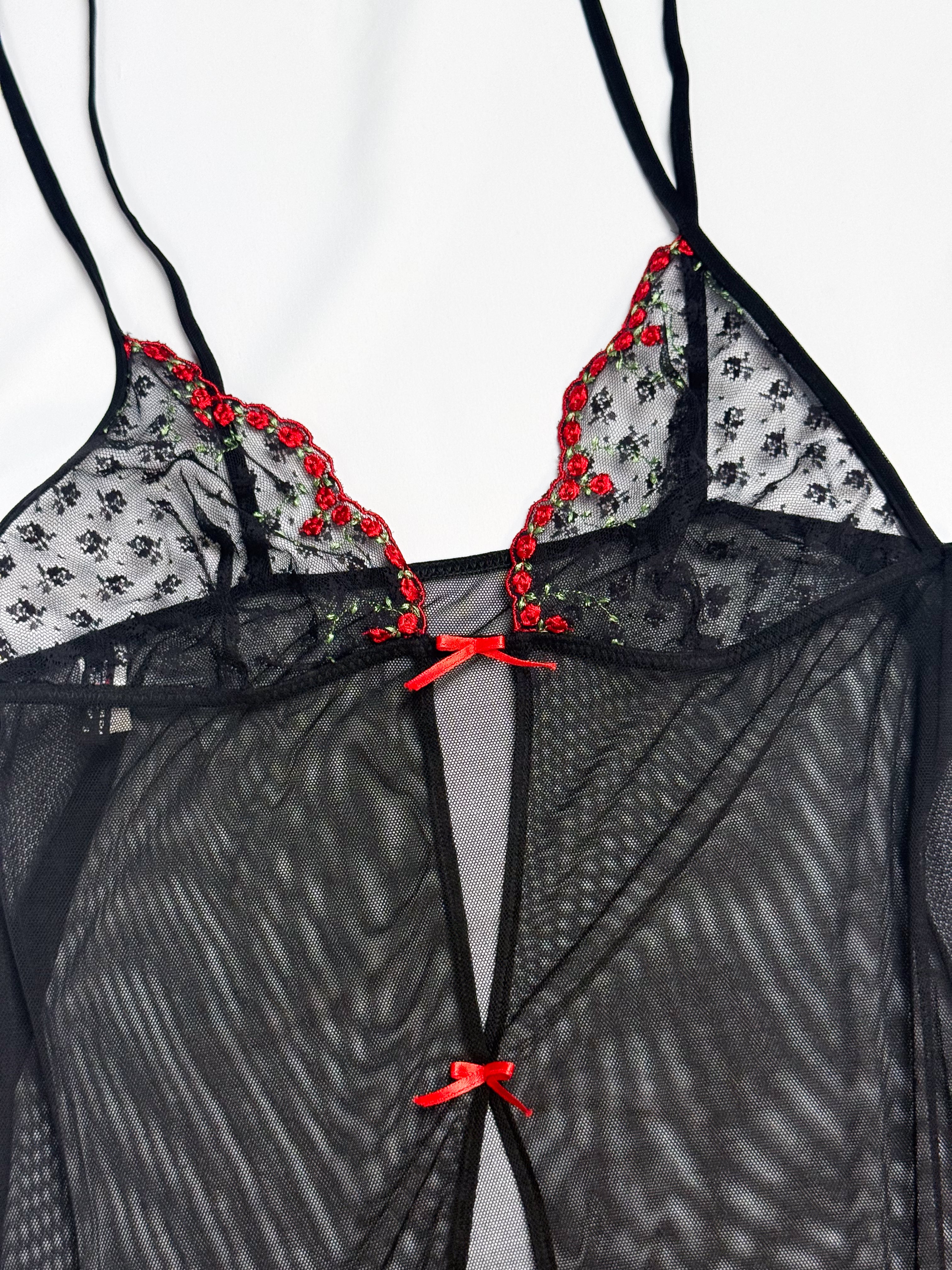 La Perla Occhi Verdi 2000s Black Mesh Rose Embroidered Babydoll - XS/S