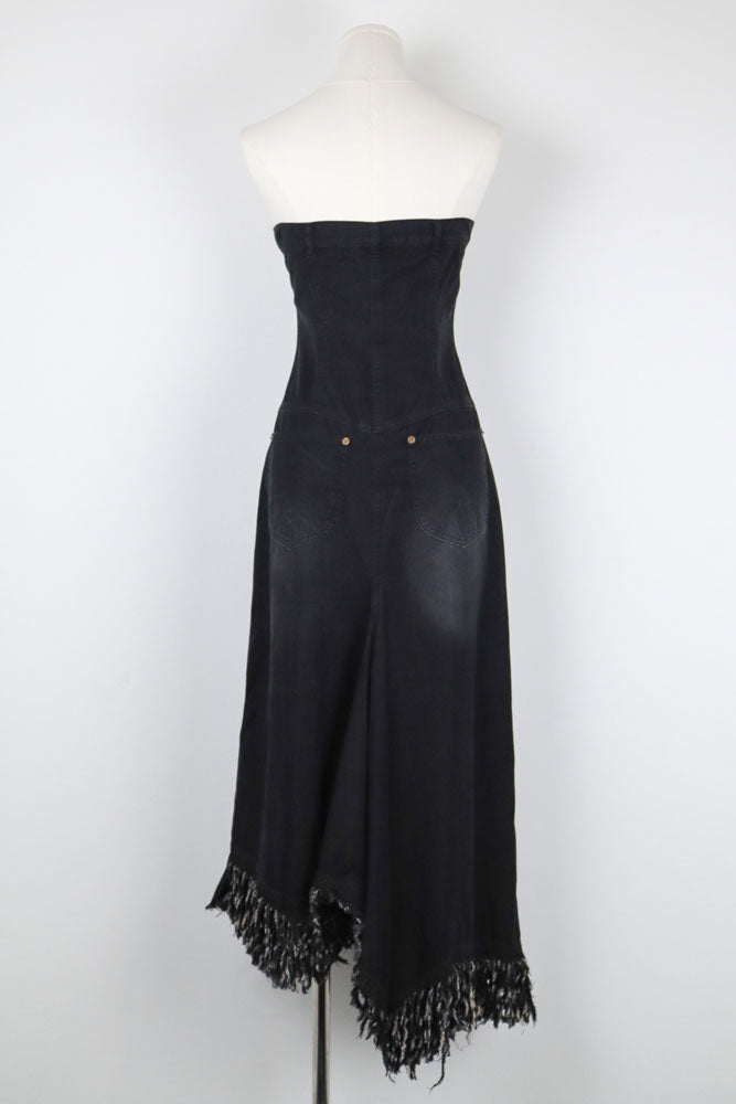 Plein Sud 2000s Black Denim Strapless Fringe Hem Dress – L