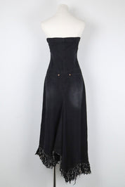 Plein Sud 2000s Black Denim Strapless Fringe Hem Dress – L