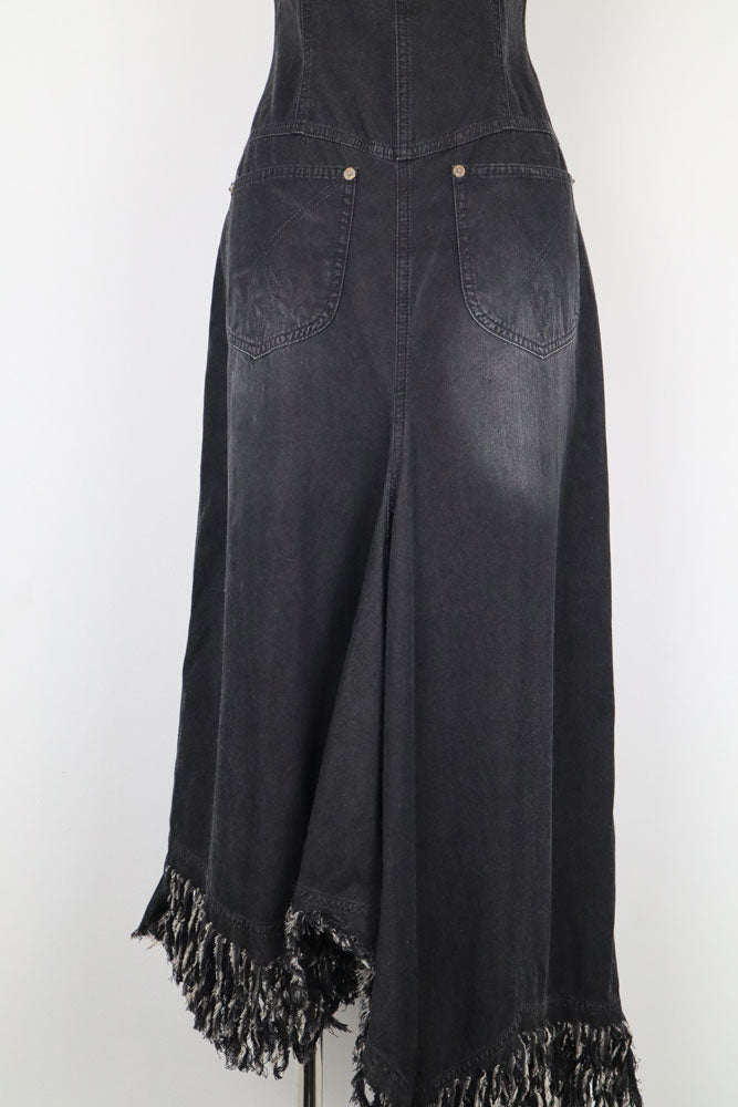 Plein Sud 2000s Black Denim Strapless Fringe Hem Dress – L