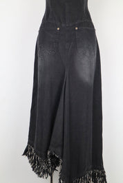 Plein Sud 2000s Black Denim Strapless Fringe Hem Dress – L
