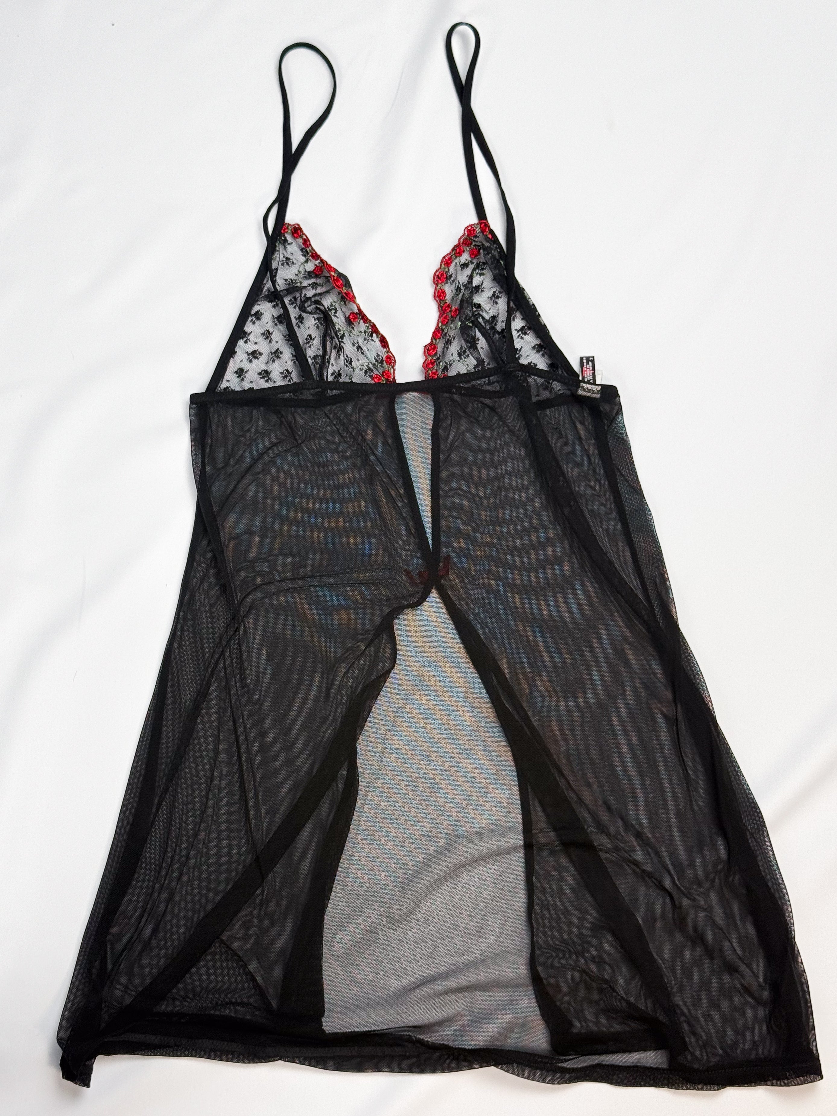 La Perla Occhi Verdi 2000s Black Mesh Rose Embroidered Babydoll - XS/S