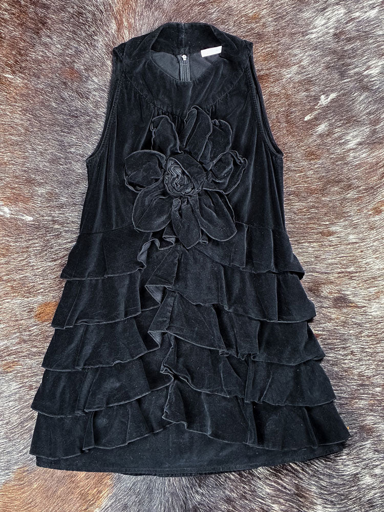 Anne Fontaine 2000s Black Velvet Ruffle Dress