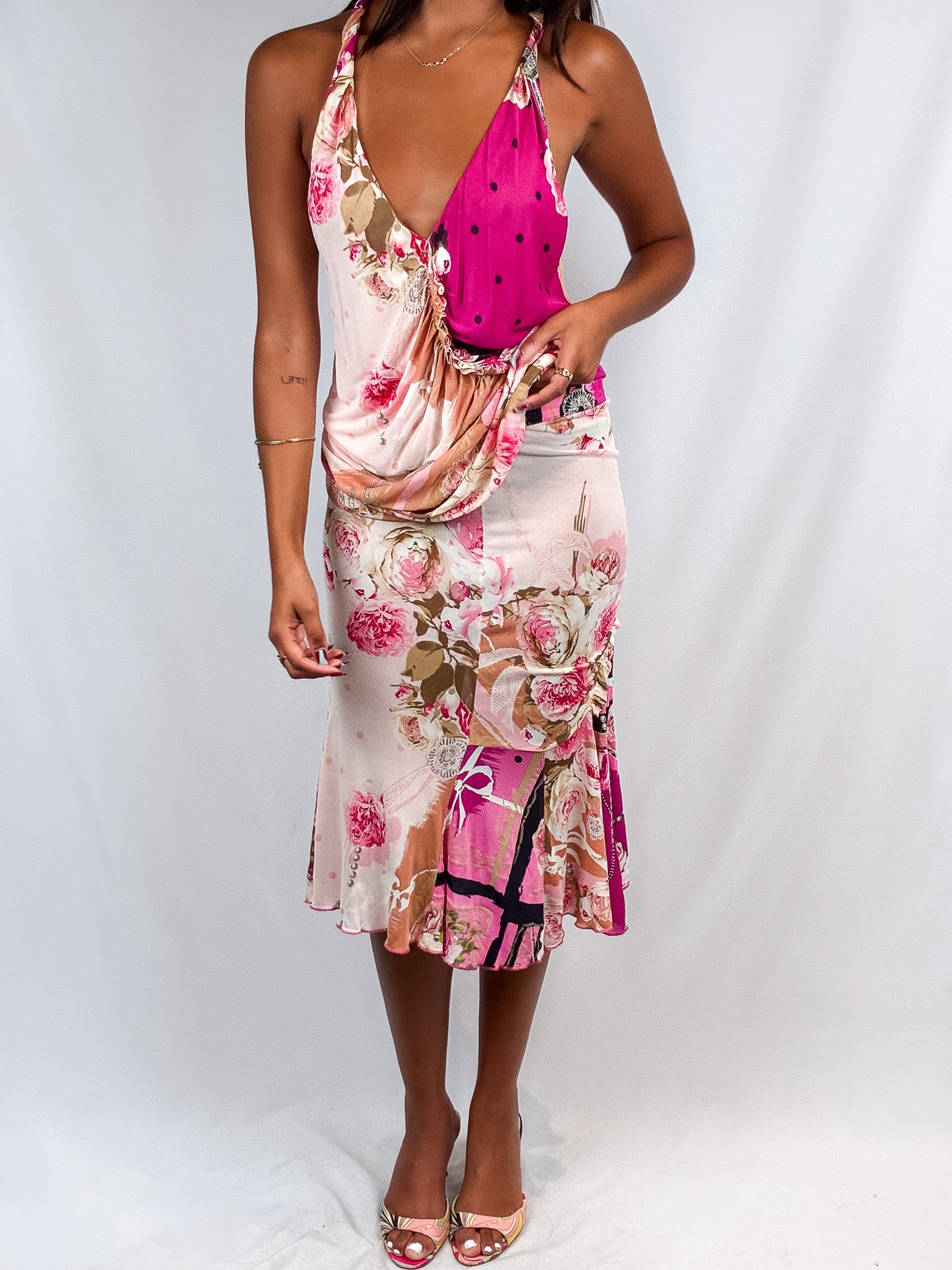 Blumarine 2000s Pink Floral Halter Top & Midi Skirt Set - S