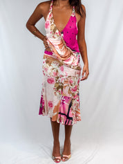 Blumarine 2000s Pink Floral Halter Top & Midi Skirt Set - S