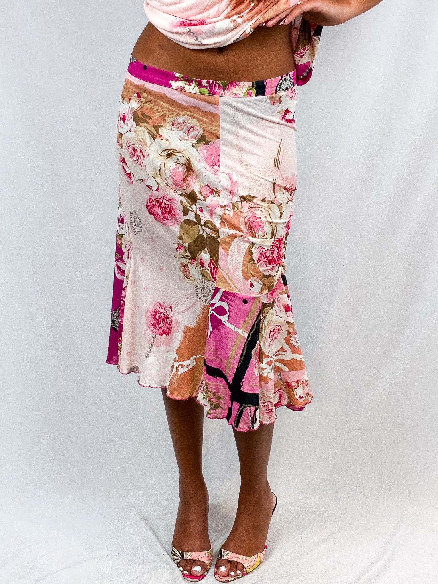 Blumarine 2000s Pink Floral Halter Top & Midi Skirt Set - S