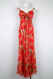 1990s Red Silk Floral Dress with Scarf Detail – XS