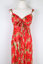 1990s Red Silk Floral Dress with Scarf Detail – XS