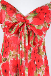 1990s Red Silk Floral Dress with Scarf Detail – XS
