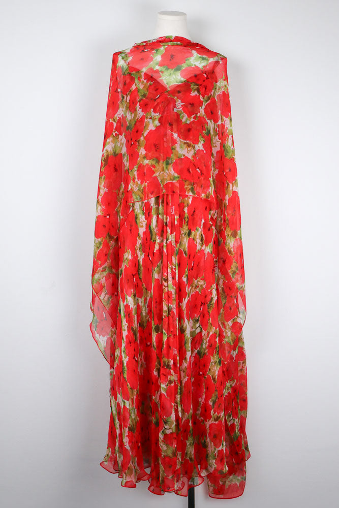 1990s Red Silk Floral Dress with Scarf Detail – XS