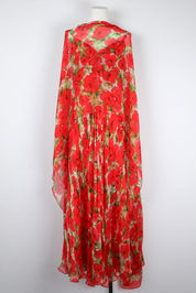 1990s Red Silk Floral Dress with Scarf Detail – XS