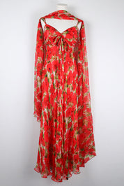 1990s Red Silk Floral Dress with Scarf Detail – XS