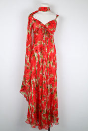1990s Red Silk Floral Dress with Scarf Detail – XS