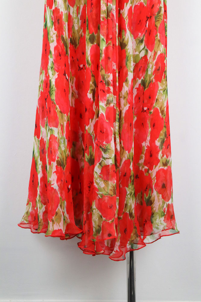 1990s Red Silk Floral Dress with Scarf Detail – XS
