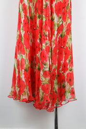 1990s Red Silk Floral Dress with Scarf Detail – XS