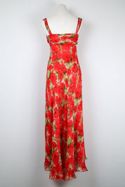 1990s Red Silk Floral Dress with Scarf Detail – XS