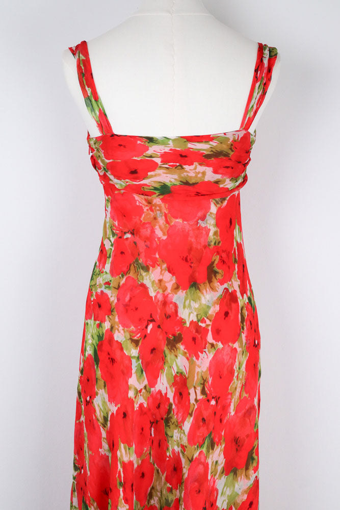 1990s Red Silk Floral Dress with Scarf Detail – XS