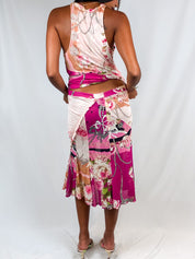 Blumarine 2000s Pink Floral Halter Top & Midi Skirt Set - S
