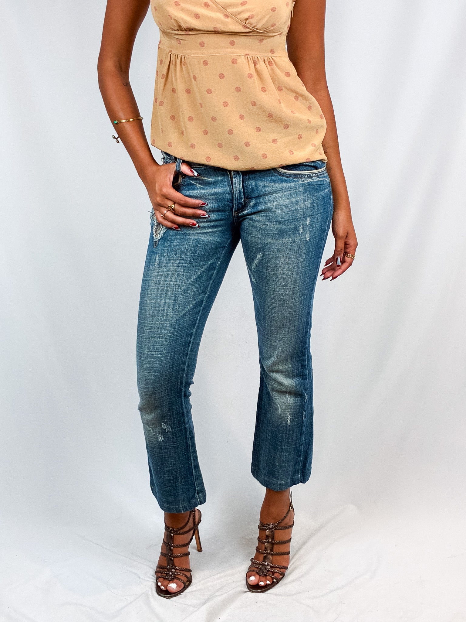 Just Cavalli 2000s Medium Wash Distressed Cow Hair Tab Bootcut Jeans - XS, W26