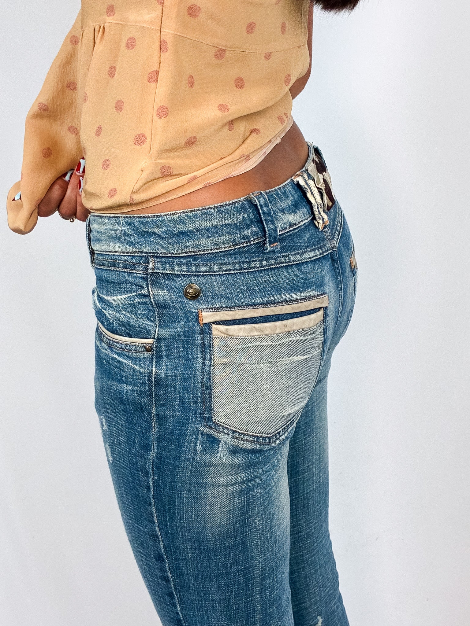 Just Cavalli 2000s Medium Wash Distressed Cow Hair Tab Bootcut Jeans - XS, W26
