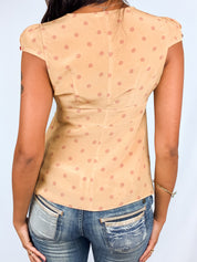 2010s Camel Polka Dot Cap Sleeve Wrap Top - XS/S