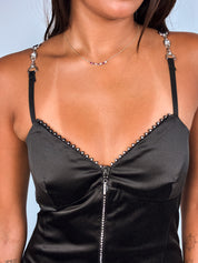 2000s Black Rhinestone Front-Zip Satin Mini Dress - XS/S