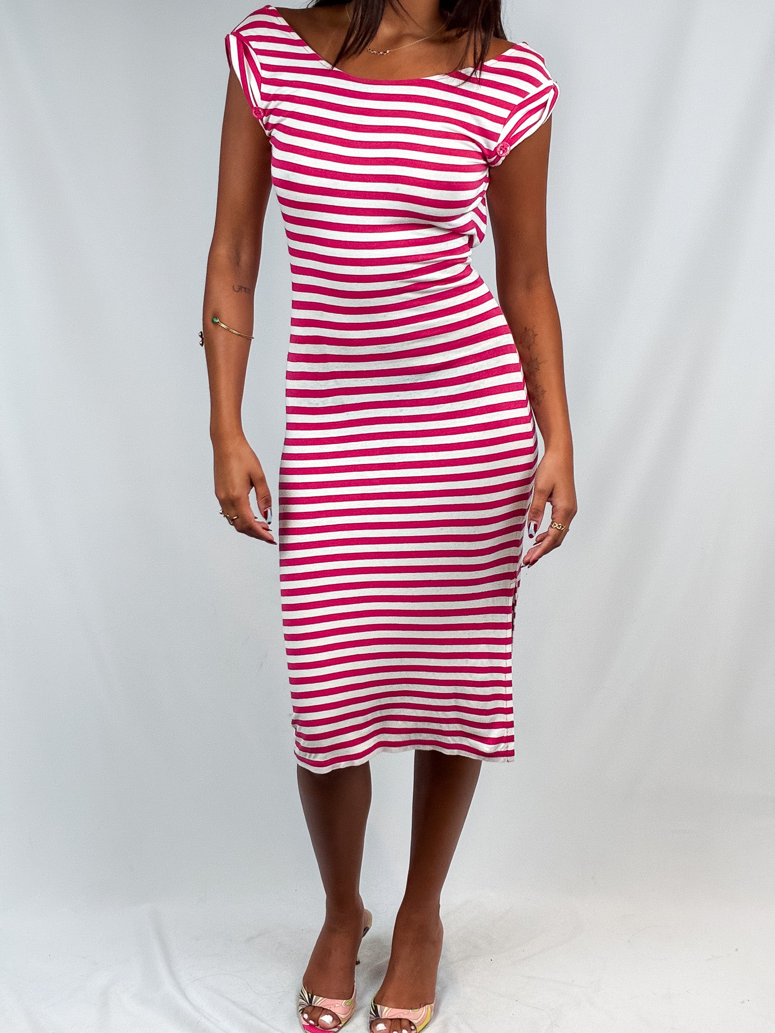 Armani Jeans 2000s Fuchsia & White Striped Bodycon Midi Dress - XS-L
