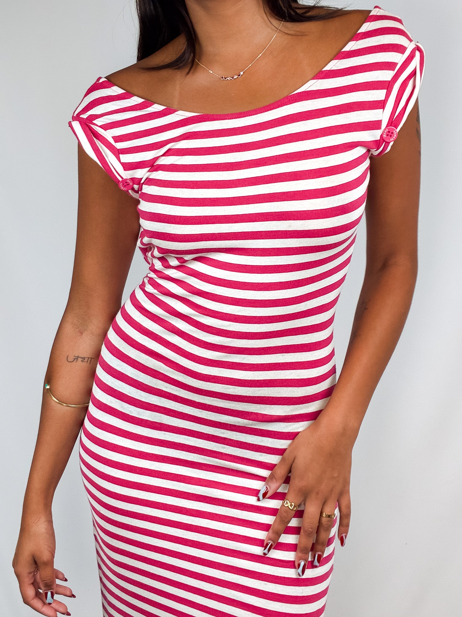 Armani Jeans 2000s Fuchsia & White Striped Bodycon Midi Dress - XS-L