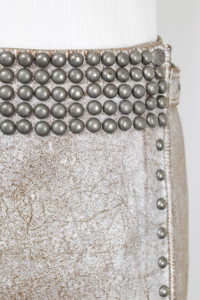 NUE 19.04 Early 2000s Silver Studded Goat Leather Mini Skirt – S