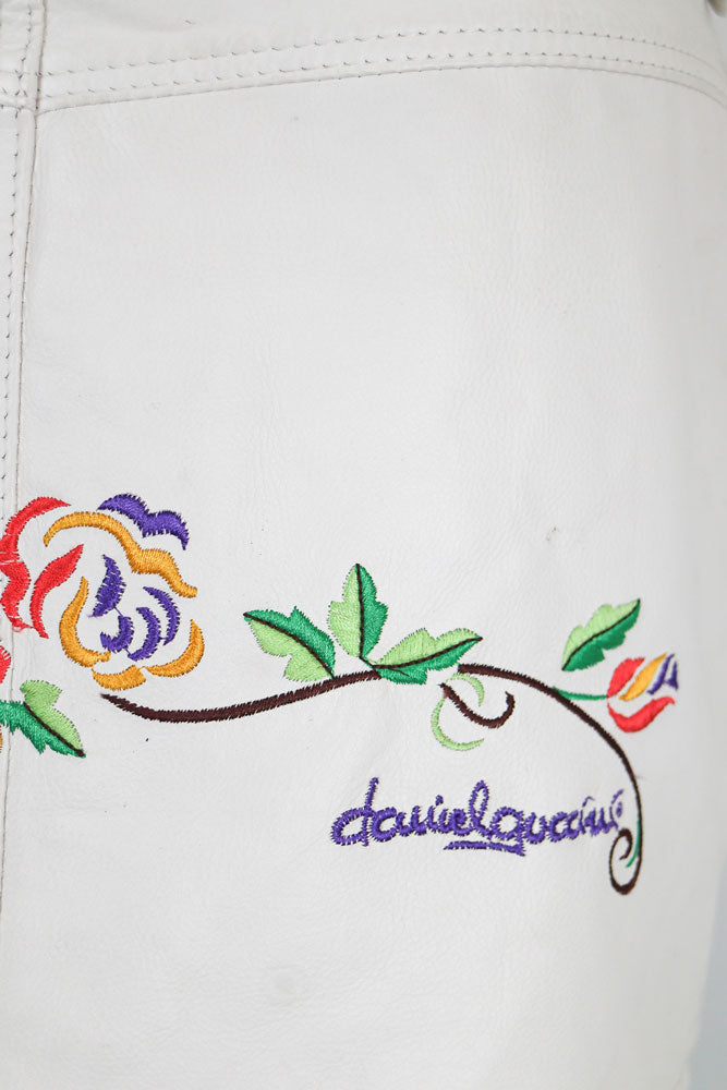 Daniel Guccini 2000s White Leather Floral Embroidered Mini Skirt – S/M