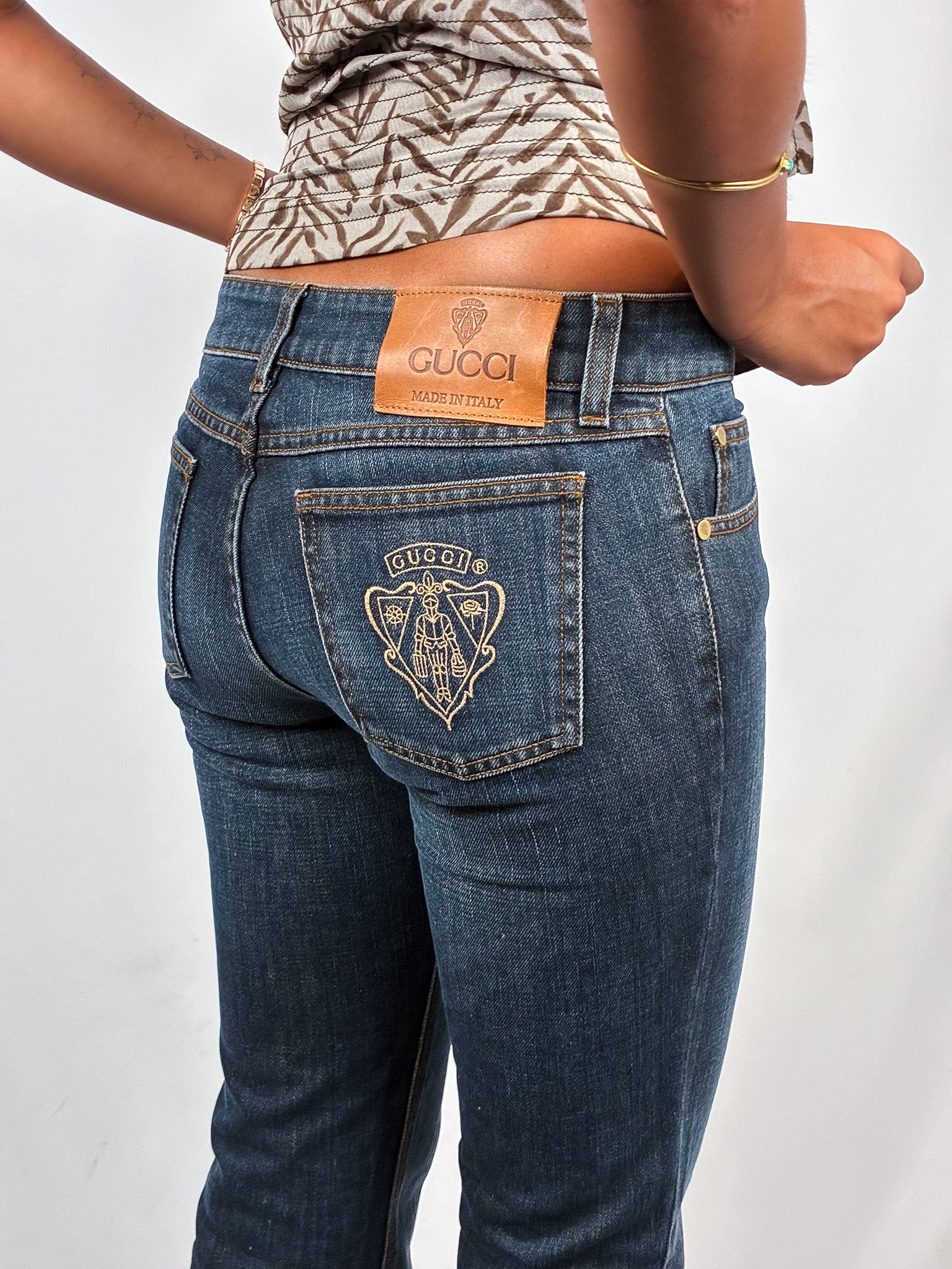 Gucci 2006 Dark Wash Embroidered Crest Straight Leg Jeans - S