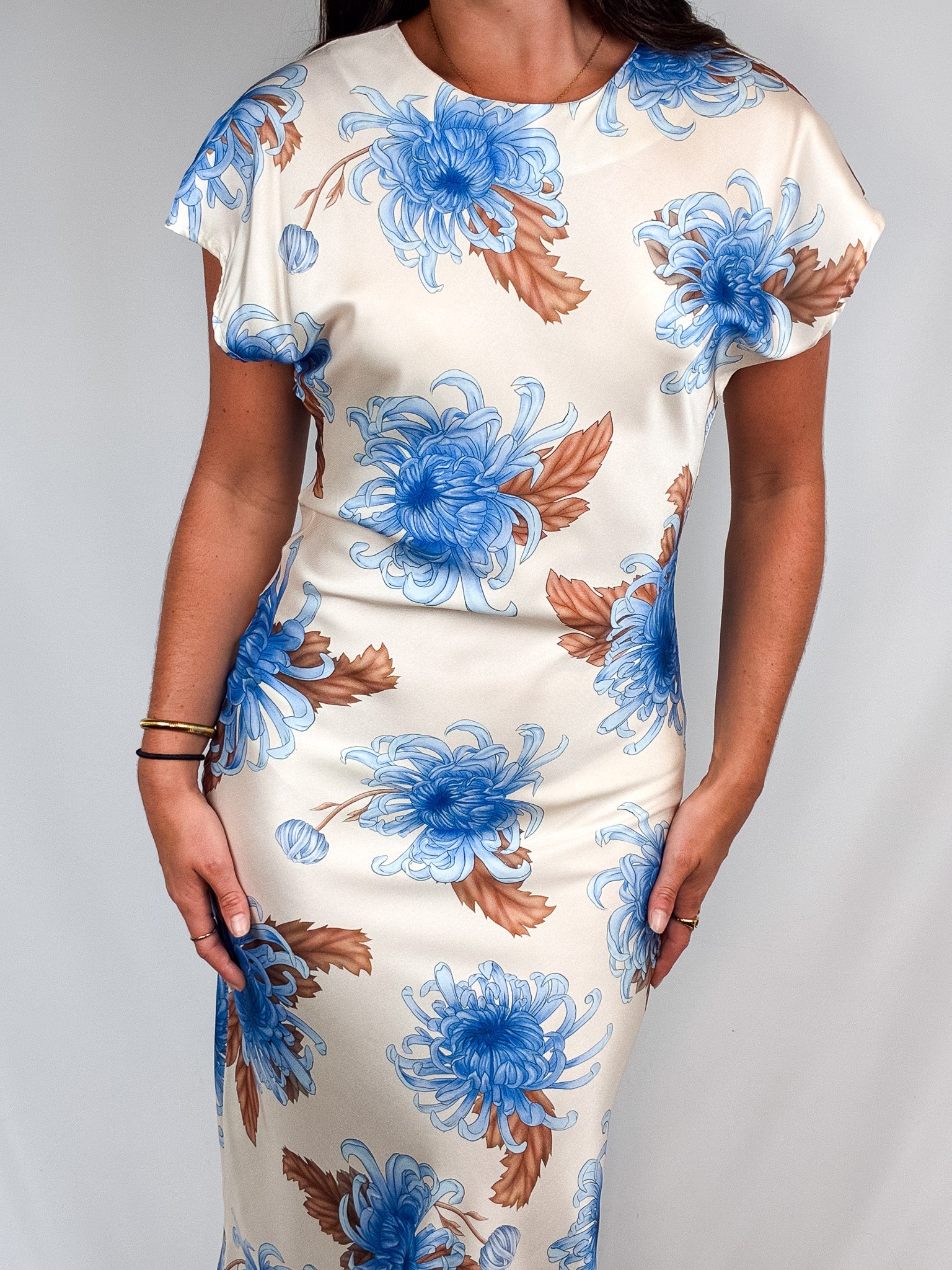 2000s Blue Chrysanthemum Floral Maxi Dress - S