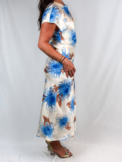 2000s Blue Chrysanthemum Floral Maxi Dress - S