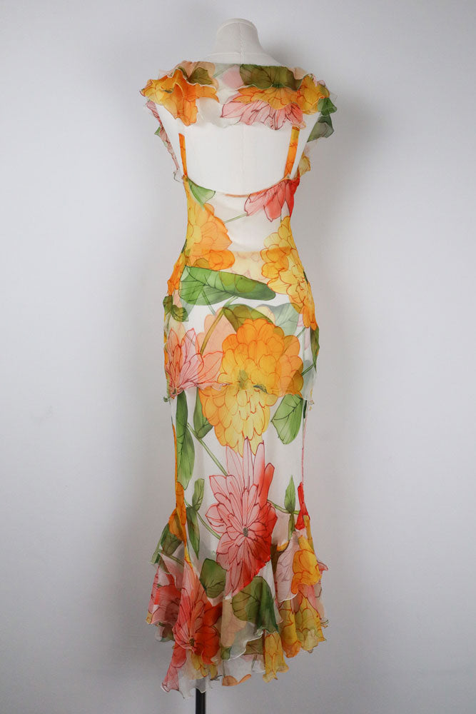 Vintage Silk Orange Floral Two-Piece Set – S/M