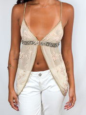 2000s Embroidered Crystal-Waist Chiffon Cami Top - S